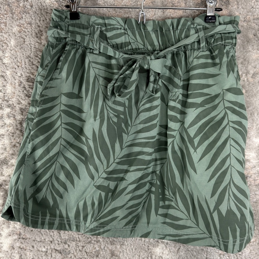 Nicole Miller Size L Palm Leaf Paperbag Waist Tie Front Mini Skirt Green Women